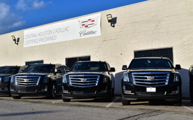 Czarne SUV-y Cadillac zaparkowane przed salonem Central Houston Cadillac Certified Preowned