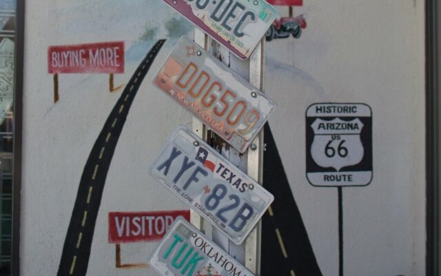 Tablice rejestracyjne USA na słupie przy muralu Route 66 w Arizonie