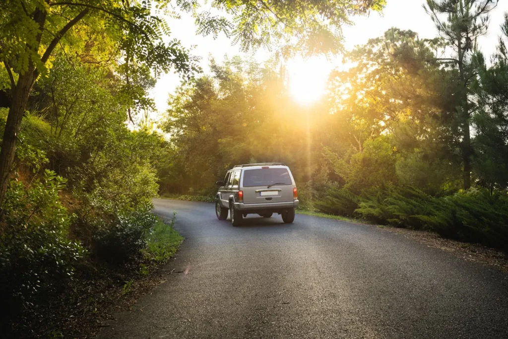 Srebrny Jeep Cherokee XJ jadący leśną drogą o zachodzie słońca