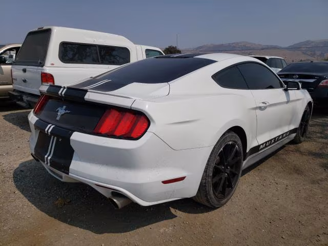 Biały Ford Mustang z czarnymi pasami, tył-lewy rzut, czarne felgi.