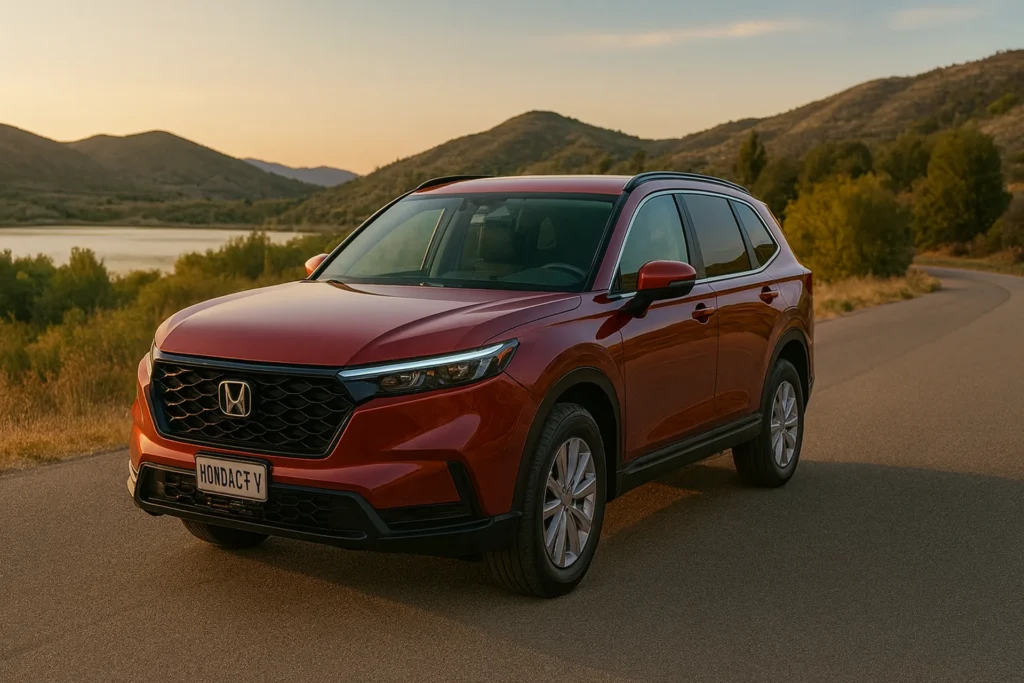 Czerwony suv honda cr-v, widok z przodu i prawej strony na krętej drodze przy jeziorze, łagodne wzgórza w tle, złota godzina