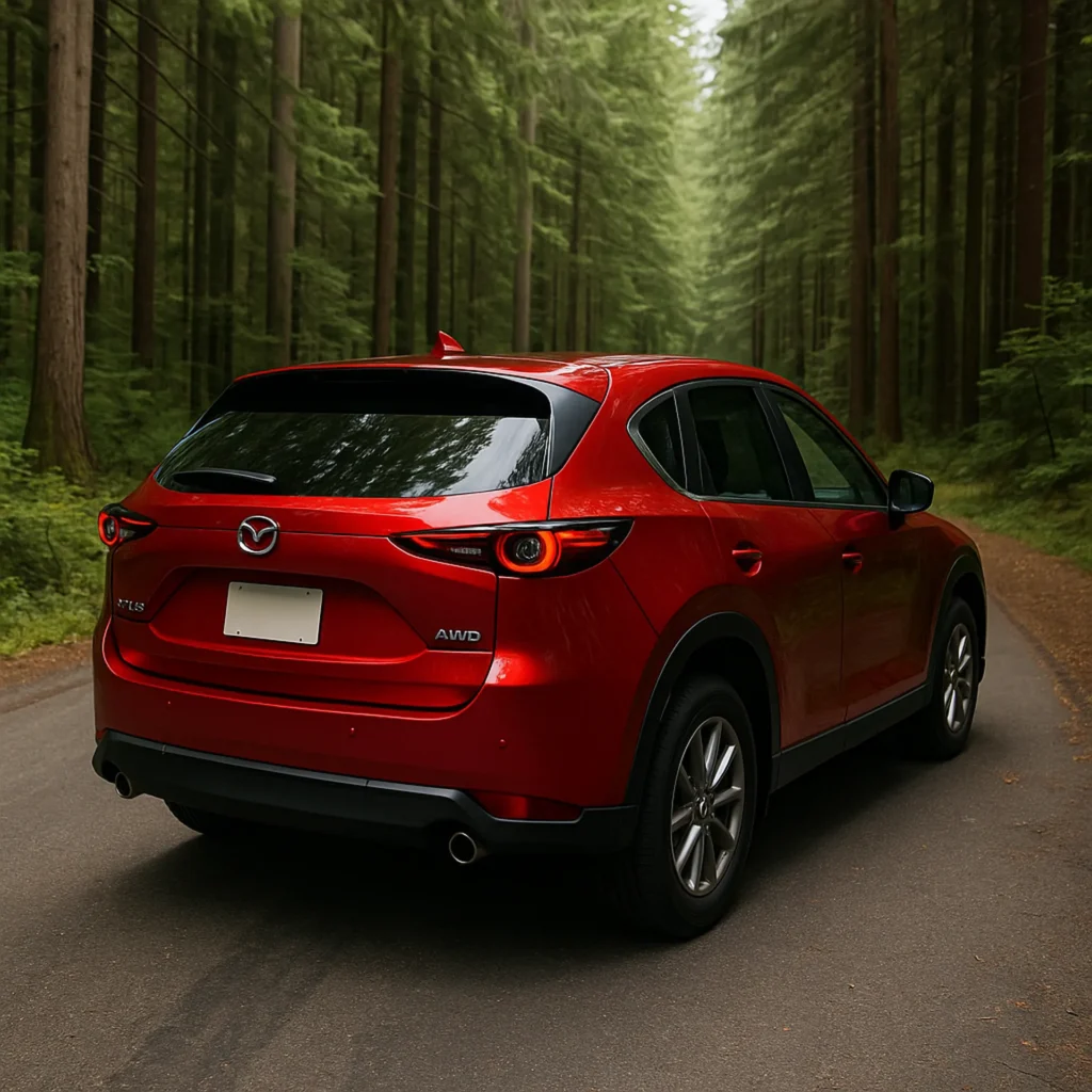 Tył czerwonej Mazdy CX-5 stojącej na leśnej drodze otoczonej wysokimi drzewami