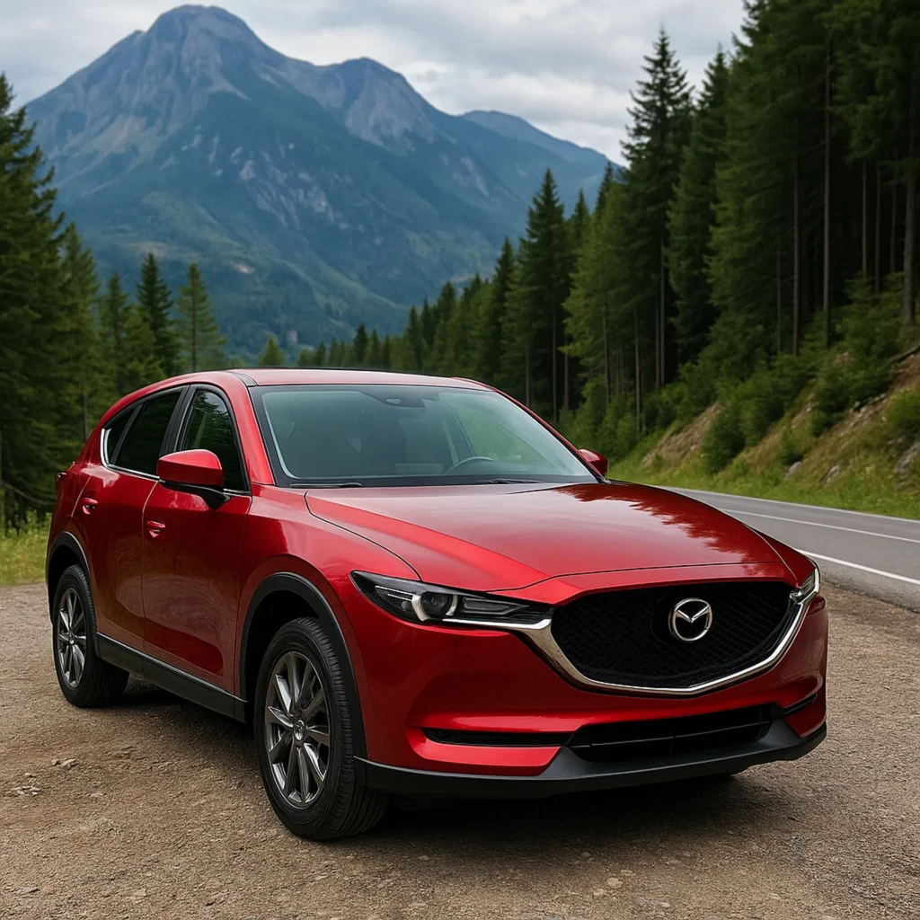 Czerwona Mazda CX-5 zaparkowana przy górskiej drodze z widokiem na las i szczyty w tle