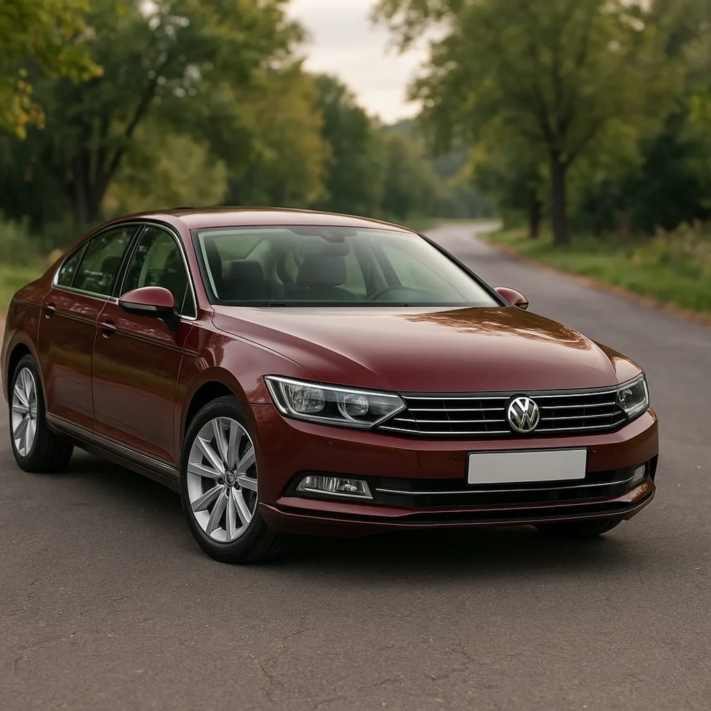 Czerwony sedan Volkswagen stoi na spokojnej drodze wśród zielonych drzew