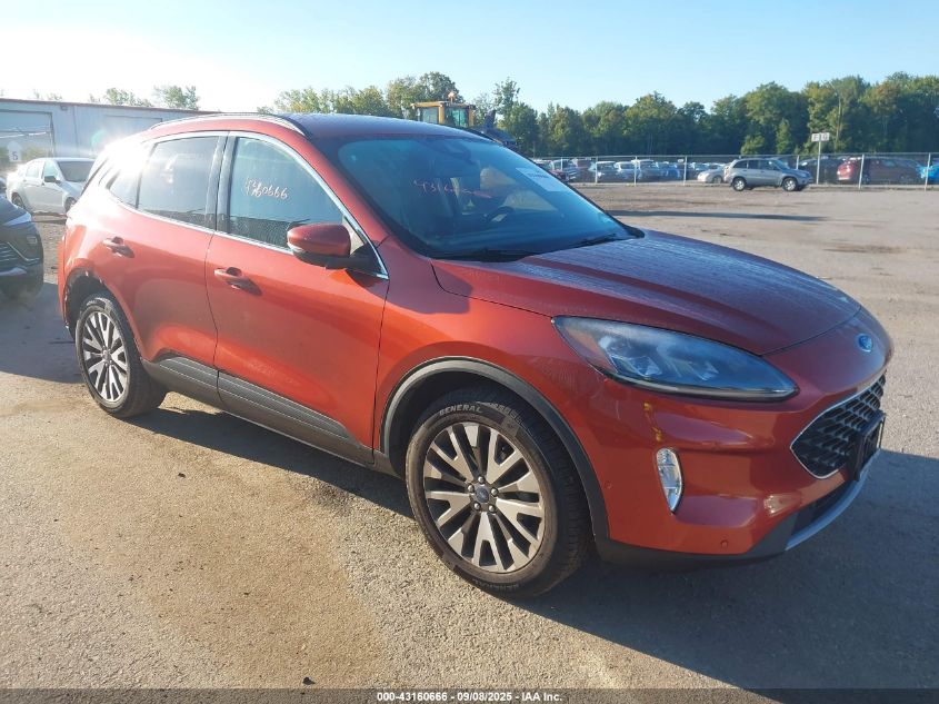 Czerwony Ford Escape widoczny z przodu i boku, zaparkowany na asfalcie w słońcu.