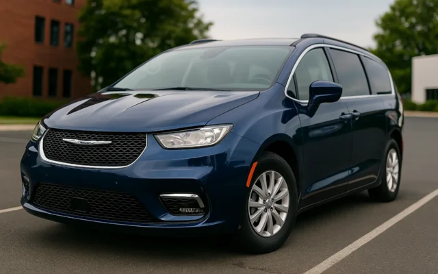 Granatowy minivan Chrysler Pacifica zaparkowany na parkingu przed budynkami