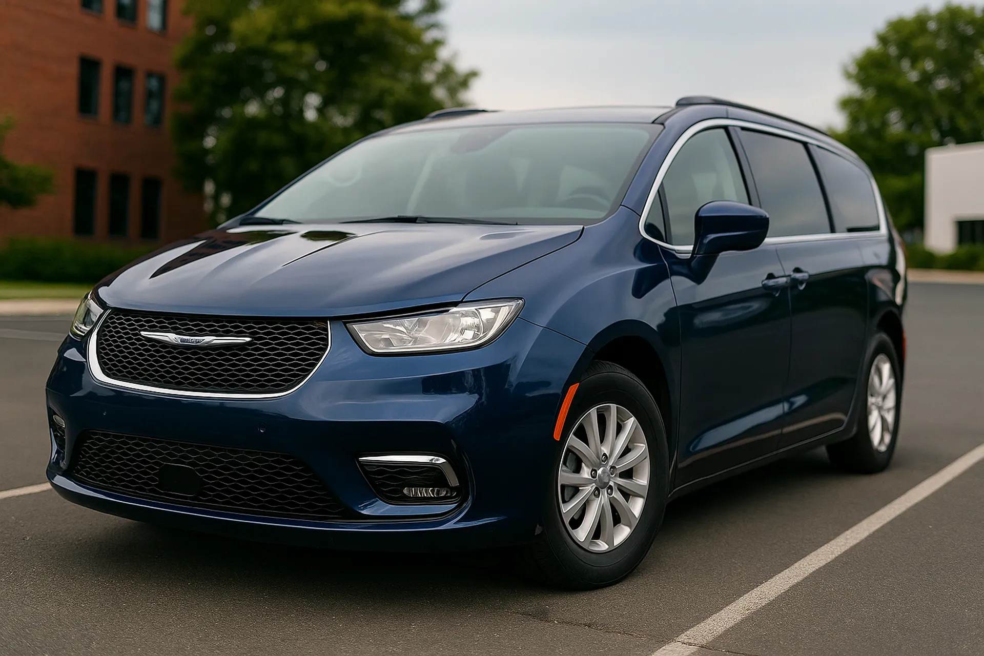 Granatowy minivan Chrysler Pacifica zaparkowany na parkingu przed budynkami