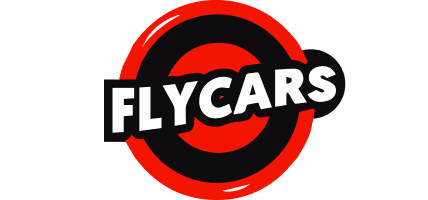 Logo FlyCars w formie czerwono-czarnego koła z białym napisem FLYCARS
