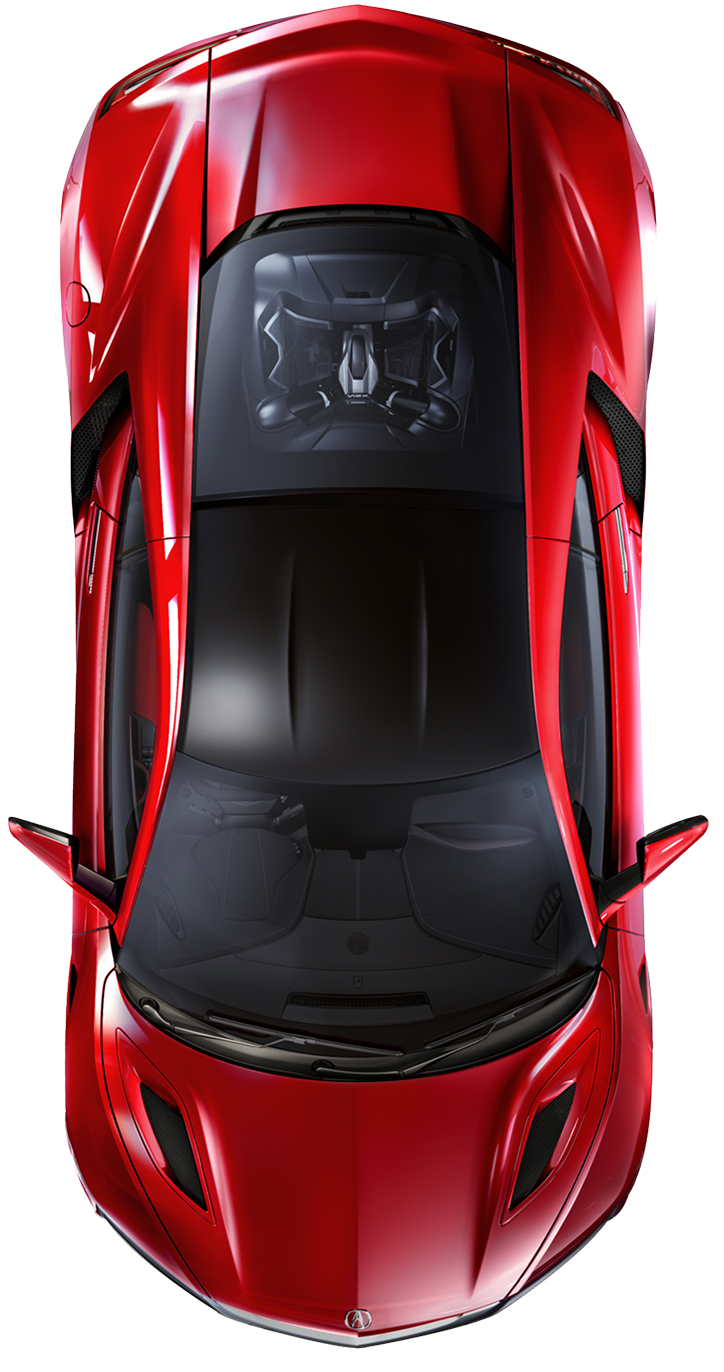Czerwony supersamochód Acura NSX z lotu ptaka, z czarnym dachem i widocznym silnikiem pod szybą