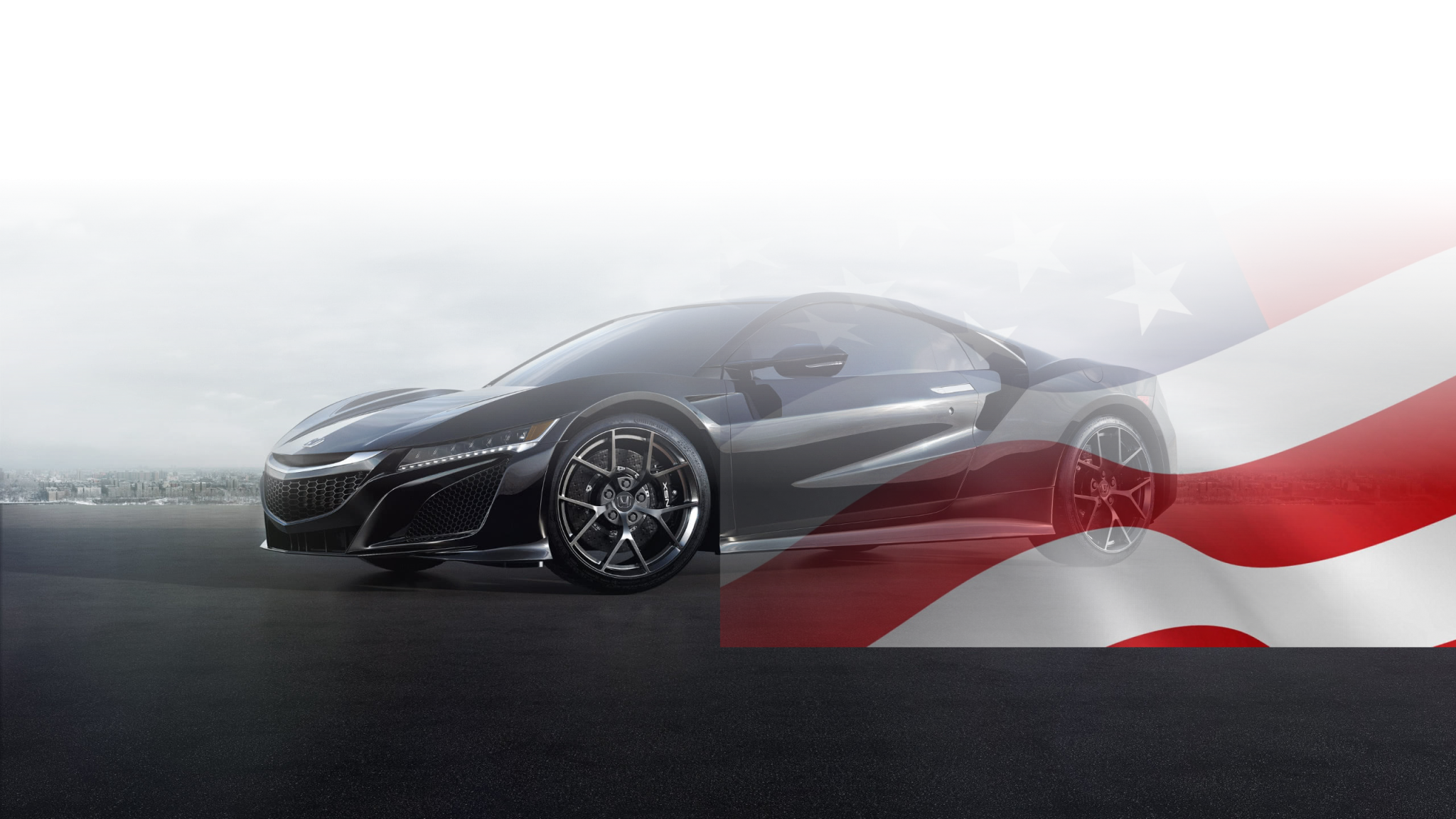 Czarna Acura NSX na drodze z półprzezroczystą flagą USA w tle