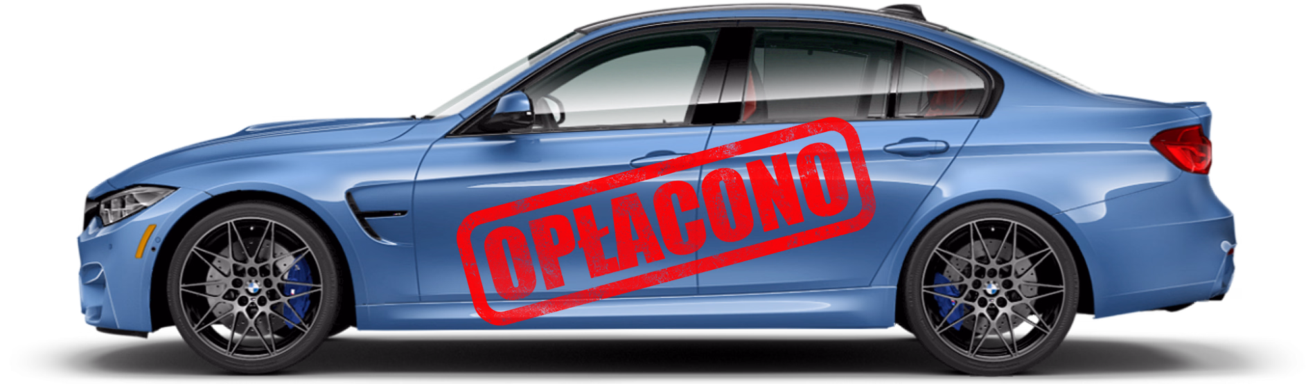 Niebieskie BMW z czerwonym stemplem Opłacono, widok z boku na przezroczystym tle