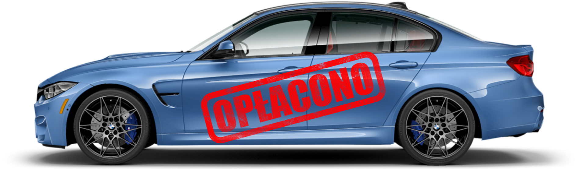 Niebieskie BMW z czerwonym stemplem Opłacono, widok z boku na przezroczystym tle