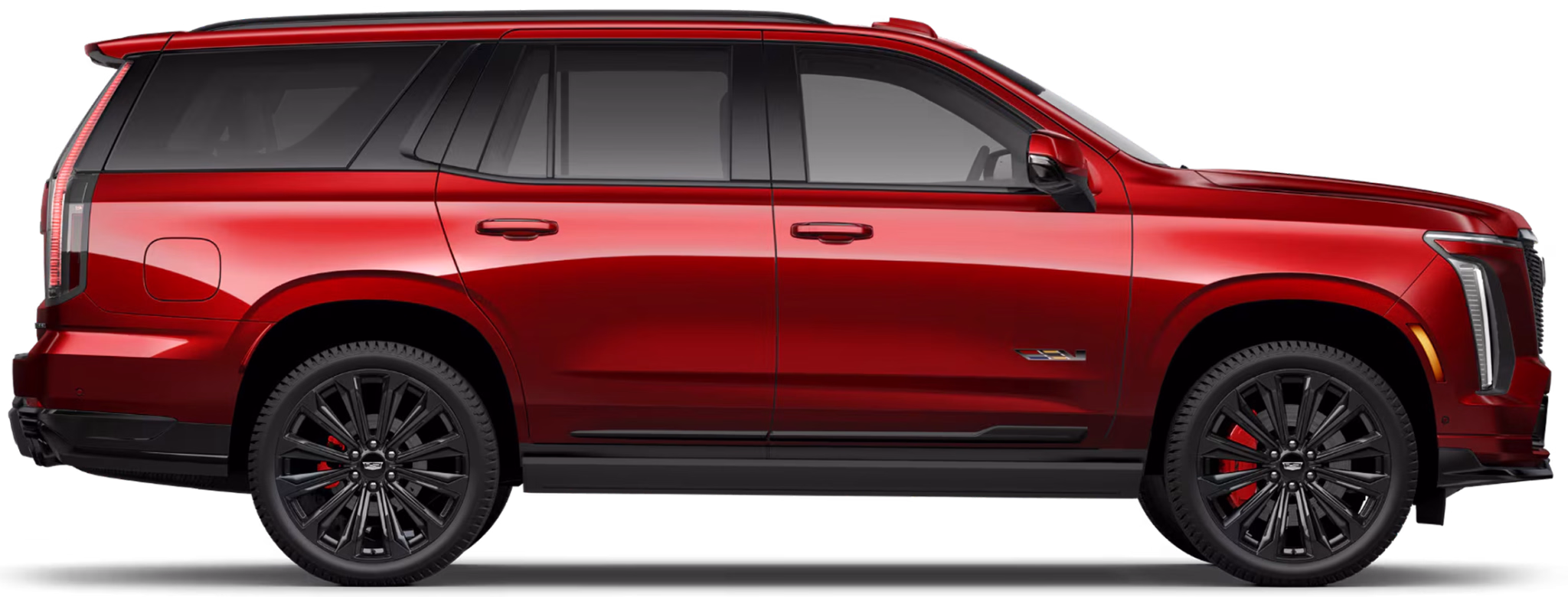 Czerwony luksusowy SUV Cadillac Escalade-V w widoku bocznym na czarnym tle