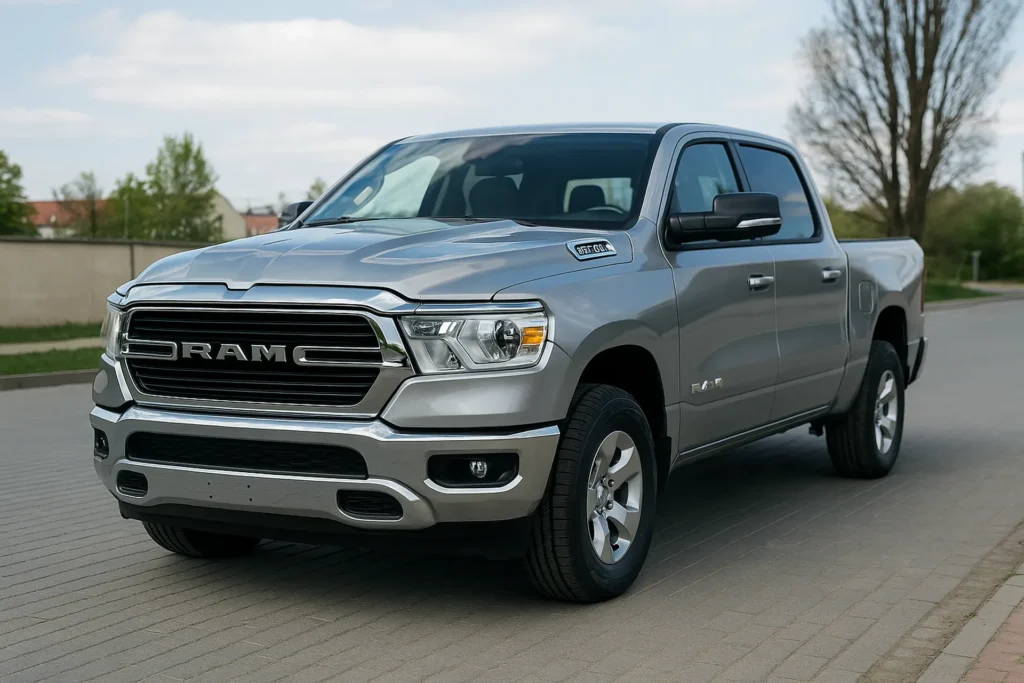 Srebrny pickup Dodge RAM 1500 zaparkowany na ulicy, widok z przodu i z boku kierowcy.