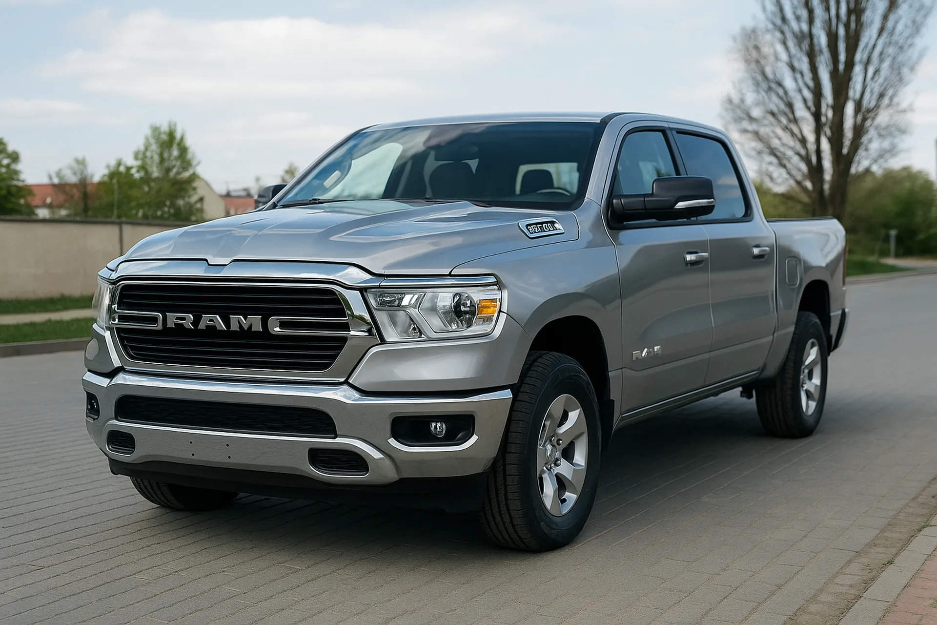 Srebrny pickup Dodge RAM 1500 zaparkowany na ulicy, widok z przodu i z boku kierowcy.