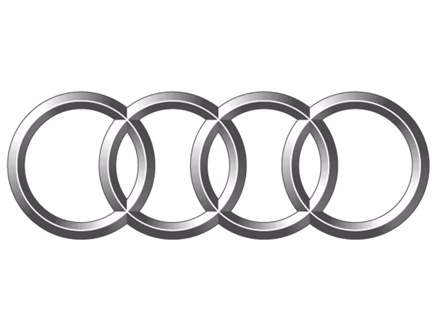 Srebrne, splecione pierścienie logo Audi na białym tle