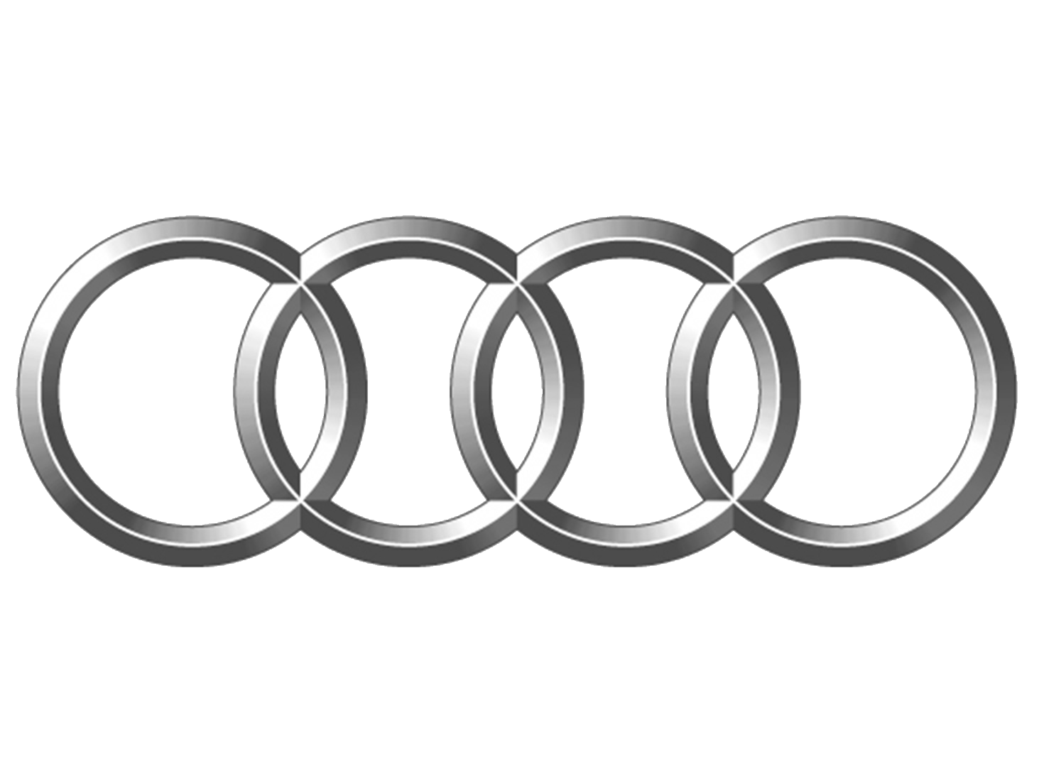 Srebrne, splecione pierścienie logo Audi na białym tle