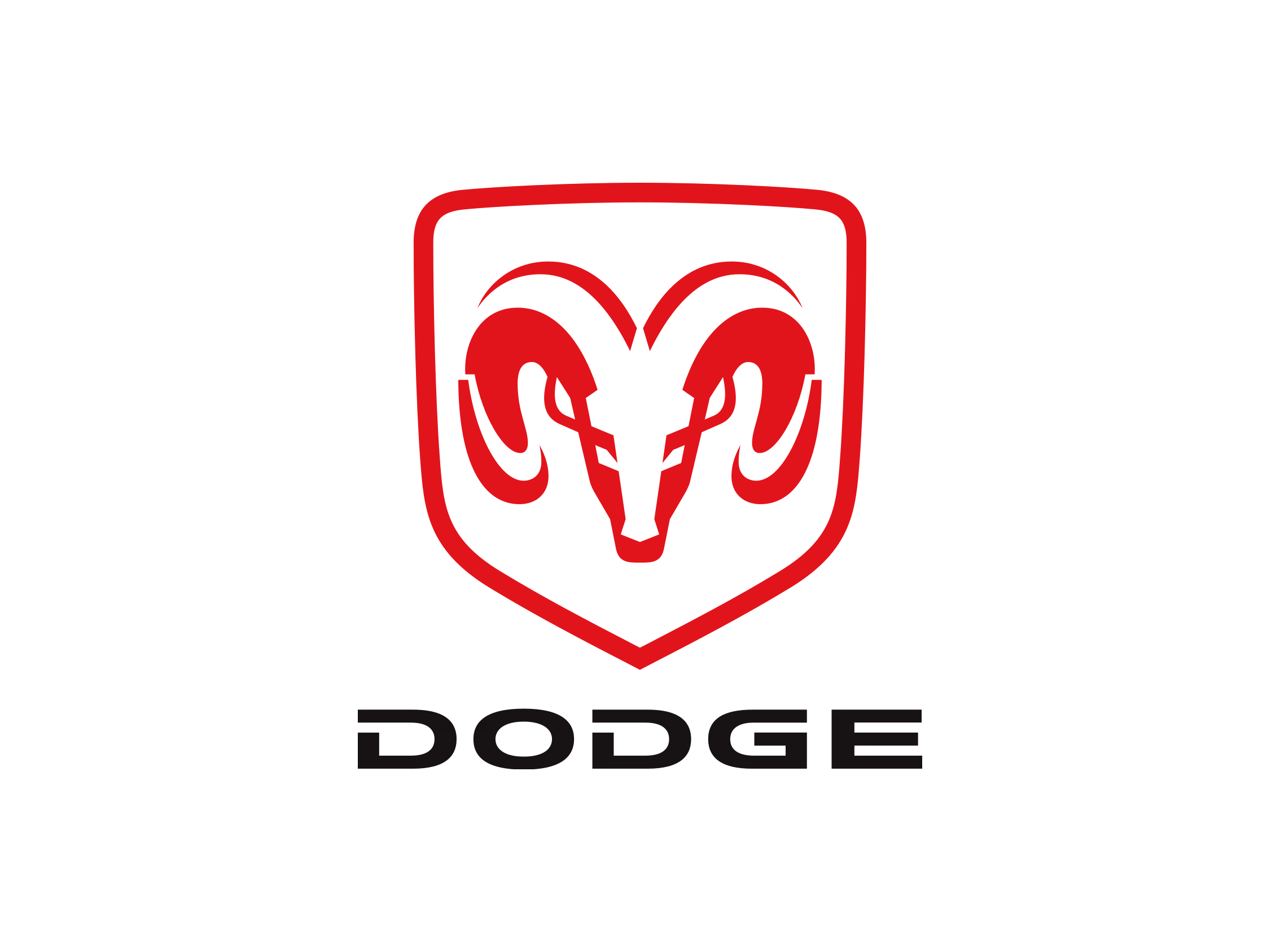Czerwone logo Dodge z głową barana w tarczy i napisem marki na białym tle