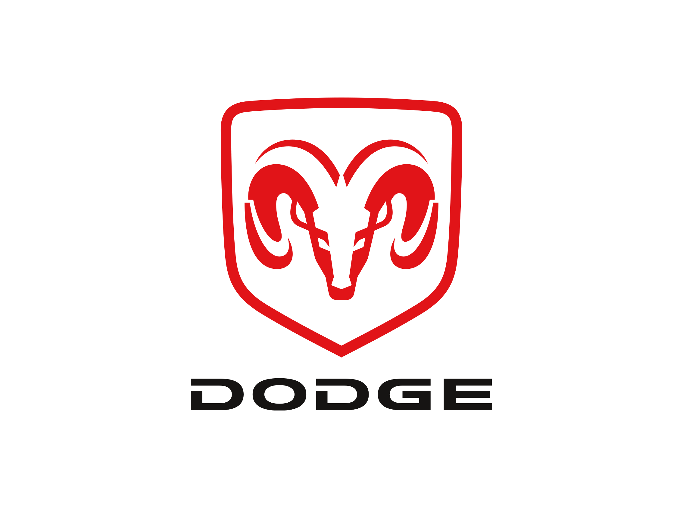 Czerwone logo Dodge z głową barana w tarczy i napisem marki na białym tle