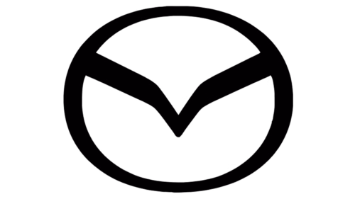 Czarne logo Mazdy - uskrzydlony symbol M w owalnej ramce na białym tle