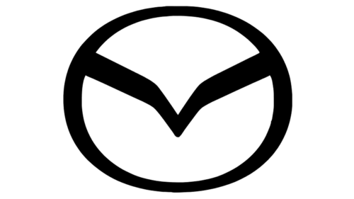 Czarne logo Mazdy - uskrzydlony symbol M w owalnej ramce na białym tle
