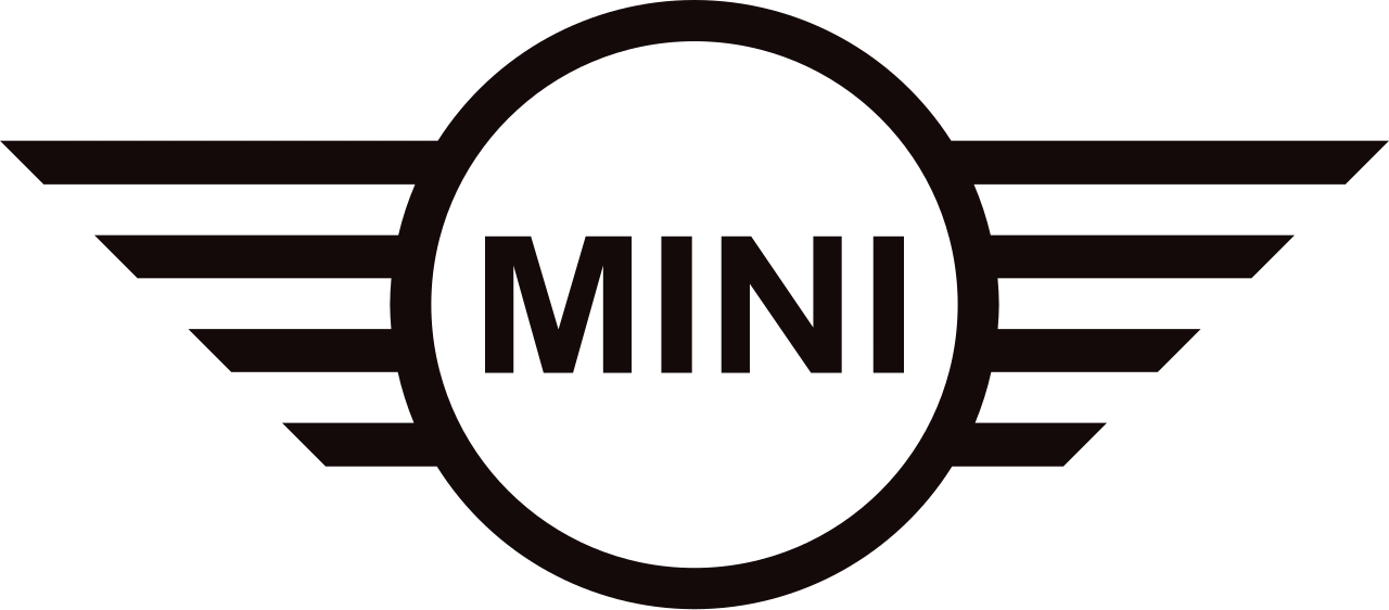 Czarne logo MINI z uskrzydlonym emblematem i napisem marki na białym tle