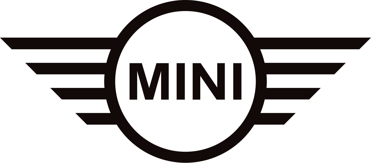 Czarne logo MINI z uskrzydlonym emblematem i napisem marki na białym tle
