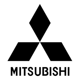 Czarne logo Mitsubishi z trzema rombami i napisem marki na białym tle