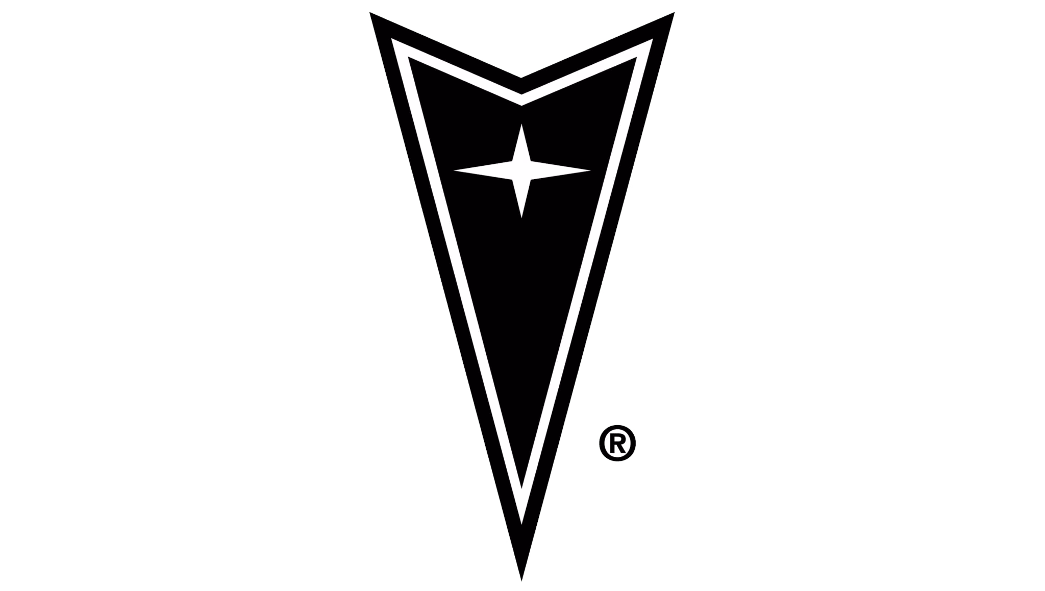 Czarne logo Pontiac w kształcie grotu z gwiazdą pośrodku na białym tle